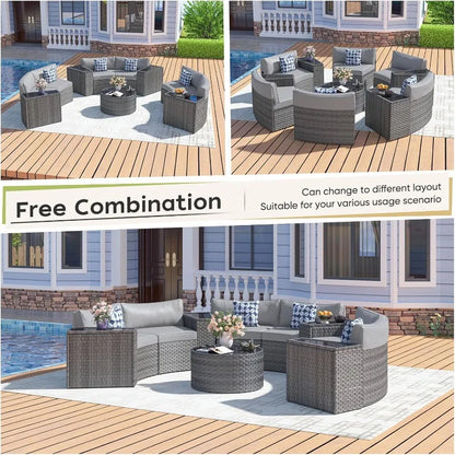 Outdoor Curved Wicker Sectional Patio Furniture Set with Coffee Table and wedge-shaped End Tables