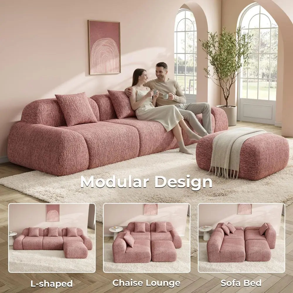 Deep Seated Chenille Modular Sectional Sofa with Ottoman for your Living Room