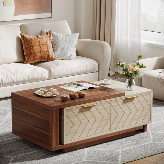 Expandable Wood Coffee Table with 2 Storage Drawers