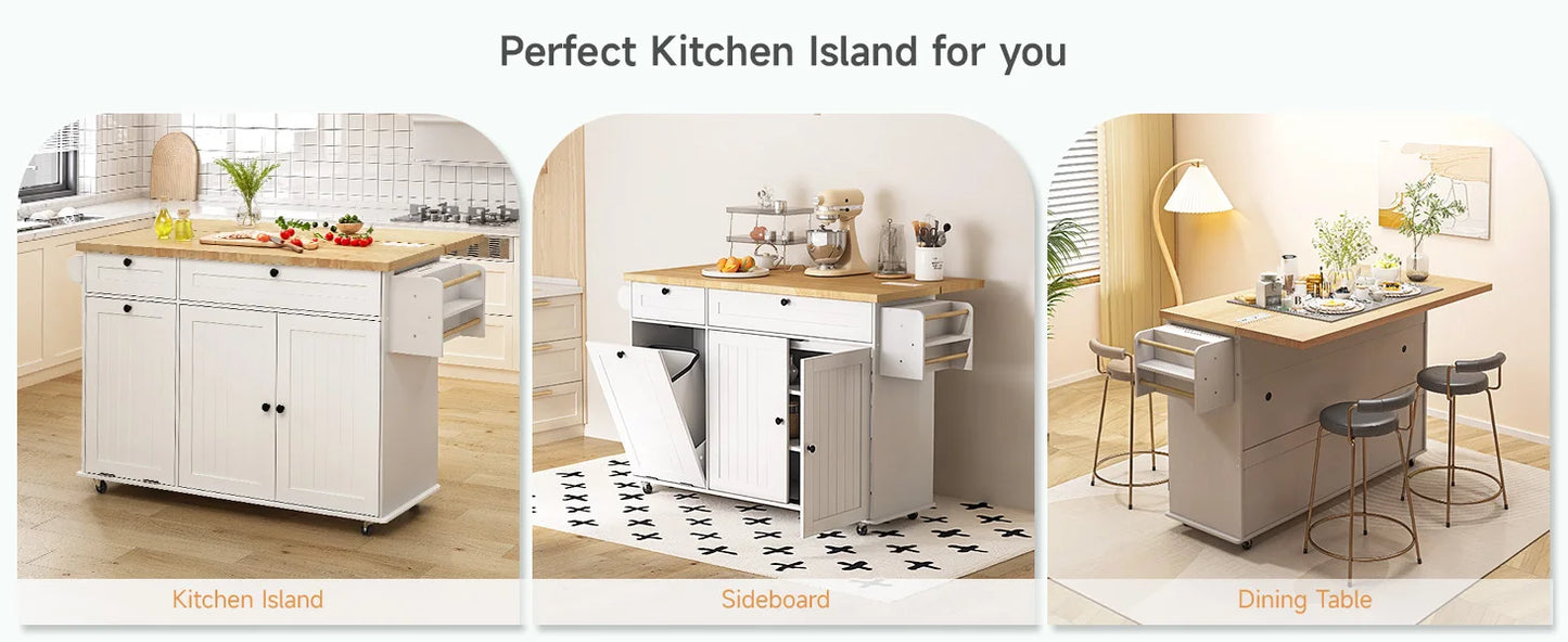 60" Rolling Kitchen Island with Drop Leaf, Power Outlet, and Trash Enclosure