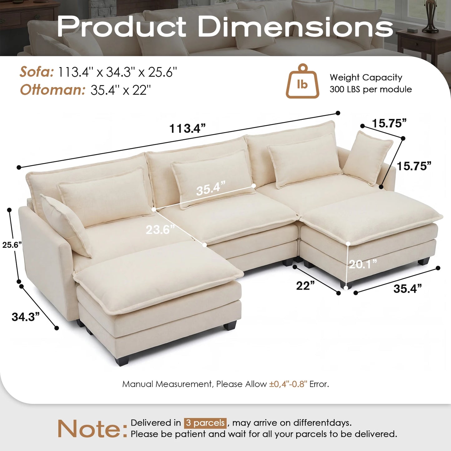 Solid Wood Frame Modular Sectional Sofa with Ottoman