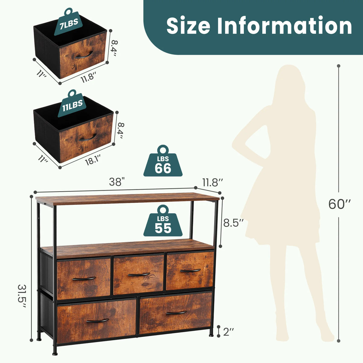 TV Stand with 5 Fabric Drawers for Storage