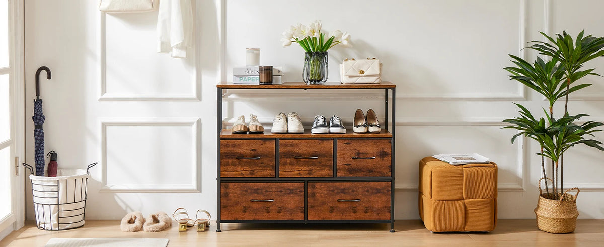 TV Stand with 5 Fabric Drawers for Storage
