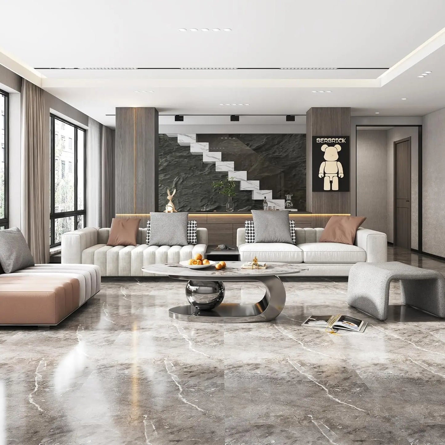 Modern Stainless Steel Pedestal Coffee Table with faux Marble Top