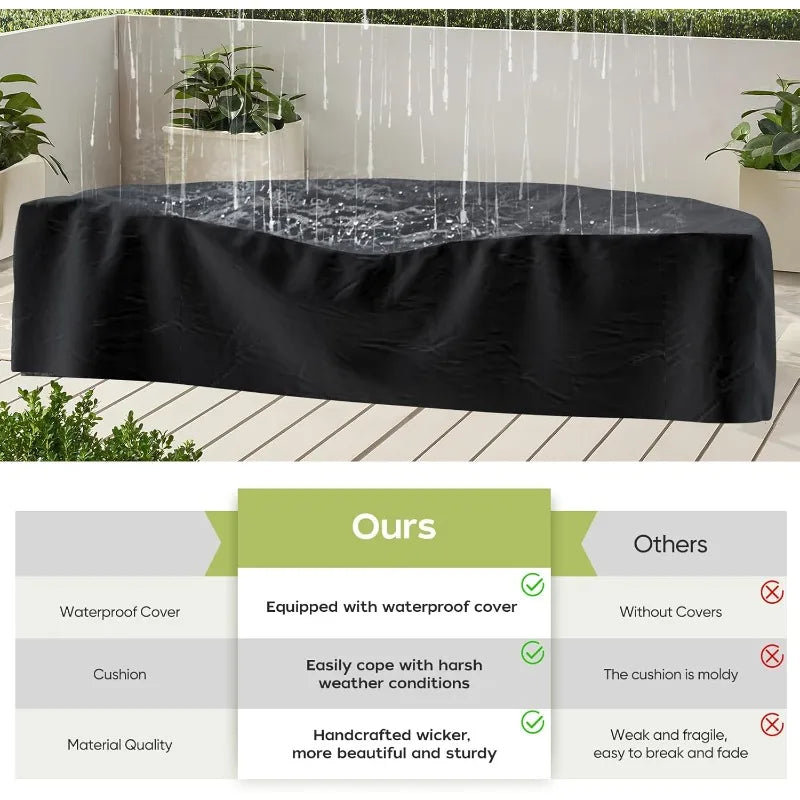 Outdoor Curved Wicker Sectional Patio Furniture Set with Coffee Table and wedge-shaped End Tables