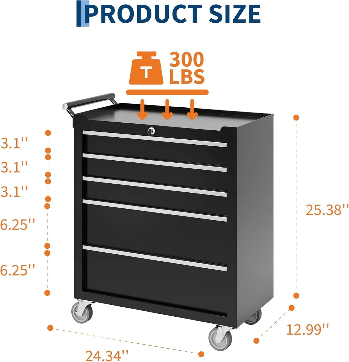 Rolling Heavy Duty Tool Chest with 5 Drawers and Locking Wheels