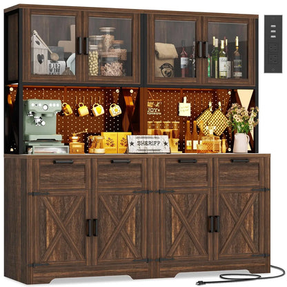 71"Tall Wood Kitchen Pantry Cabinet with LED Light and Power Outlet