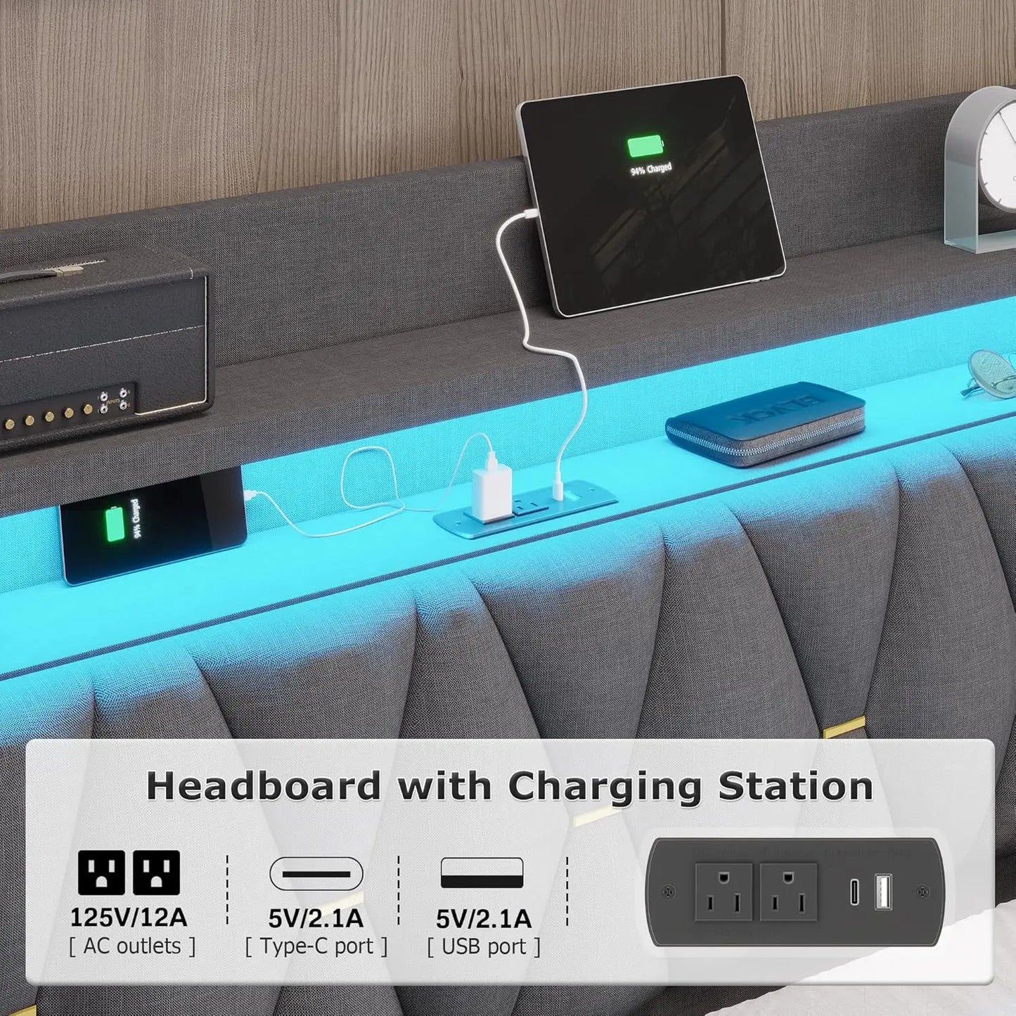 Upholstered King LED Bed Frame with Storage and Charging Station