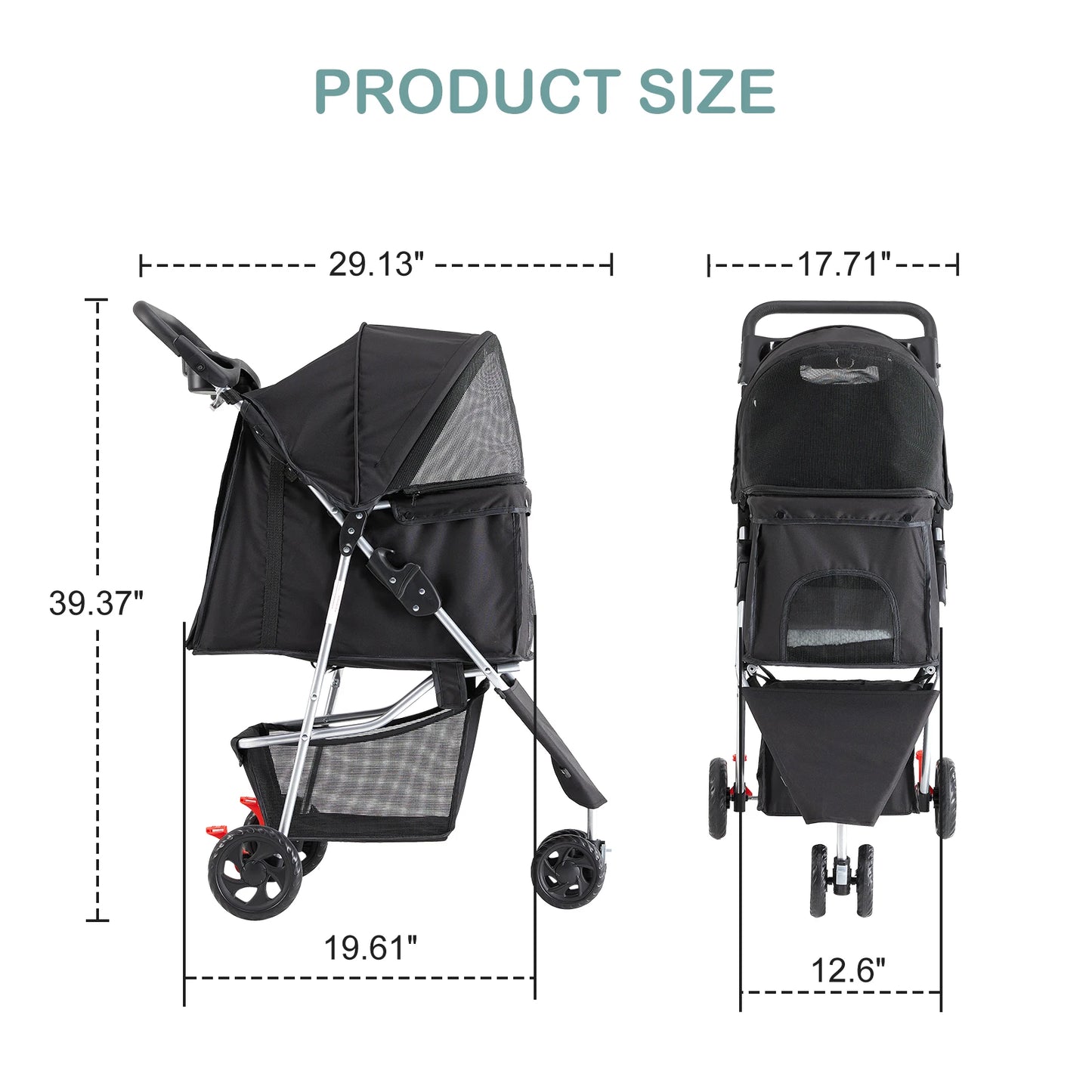 Foldable Pet Stroller for Small Dogs and Cats with Mesh Windows, Storage Basket, and Cup Holder