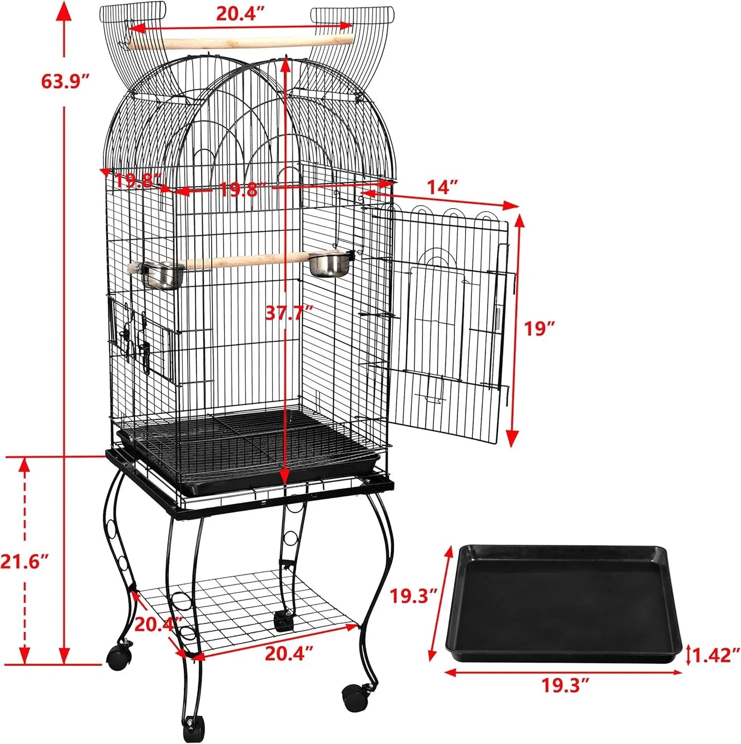 63.5 Inches Bird Cage with Detachable Stand and Open Top