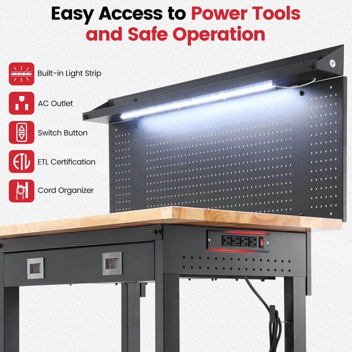 60 Inch Wood Work Bench with Led Lights, Drawers, and Pegboard