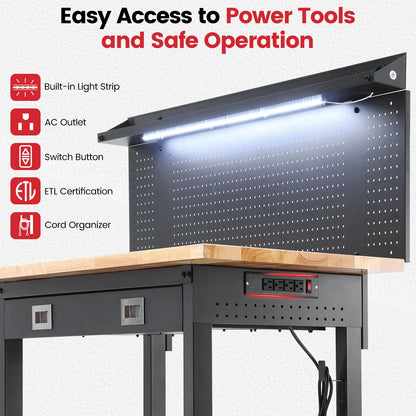 60 Inch Wood Work Bench with Led Lights, Drawers, and Pegboard