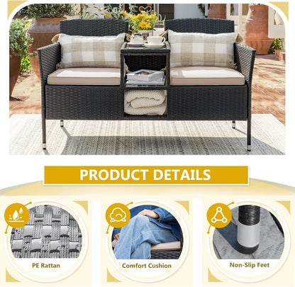 Outdoor Modern Rattan 2-Seat Set with Cushions & Built-in Coffee Table