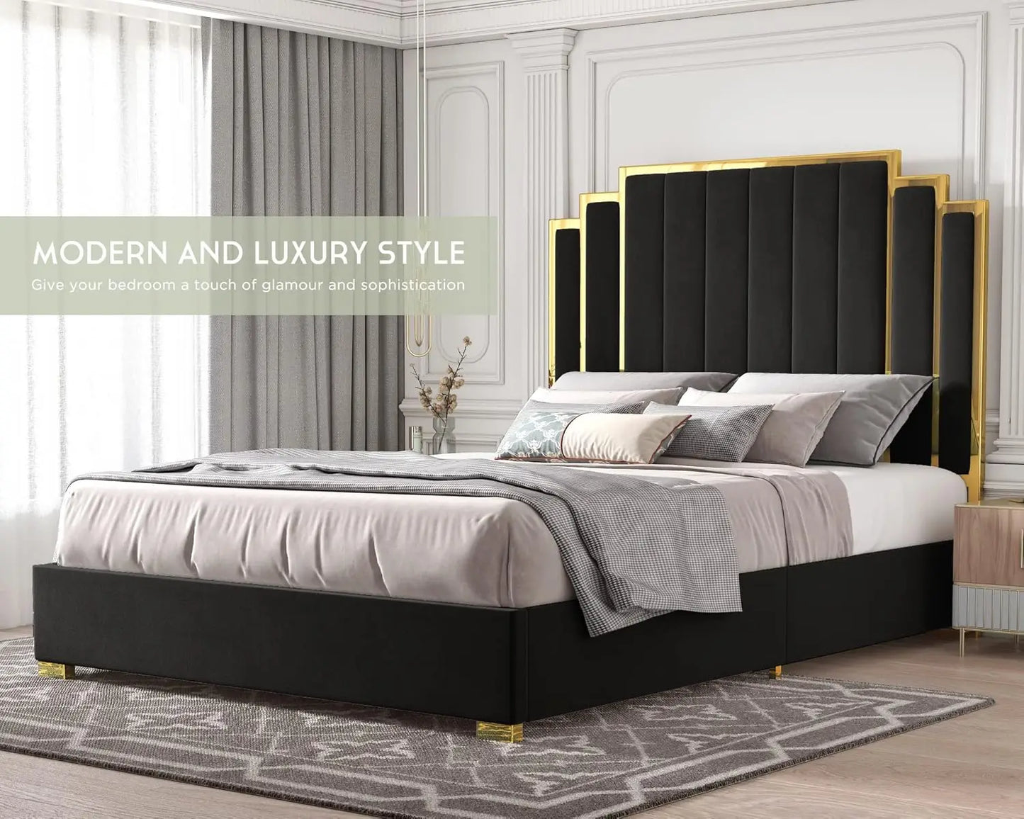Upholstered Gold Trimmed Headboard and Platform Frame for a King size Bed