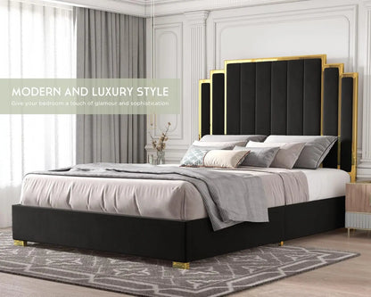 Upholstered Gold Trimmed Headboard and Platform Frame for a King size Bed