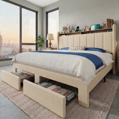 Velvet Full/Queen/King Bed Frame with 2 Storage Drawers,2-Tier Shelves with adjustable LED Light, and Charging Station