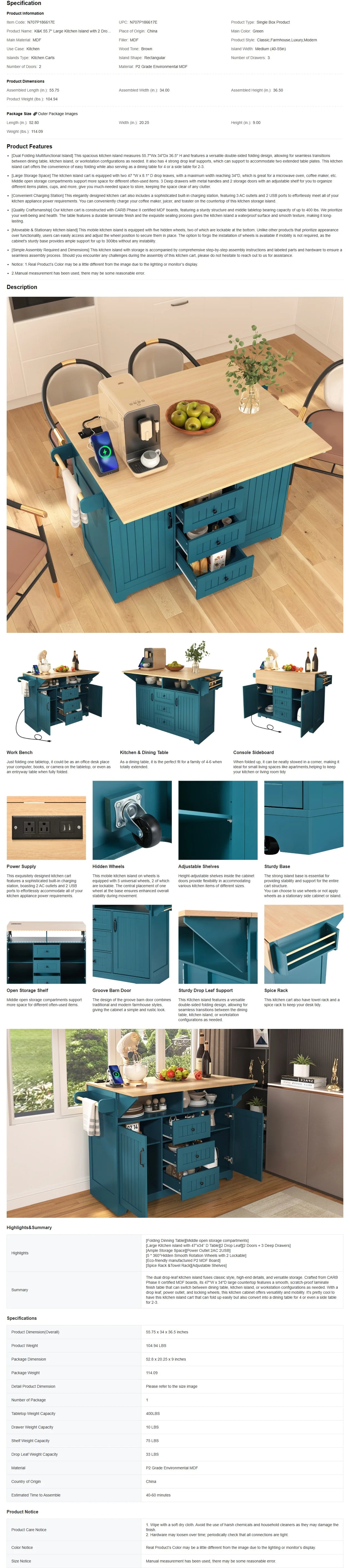 Large Rolling Kitchen Island with 2 Drop Leaves and Power Outlet
