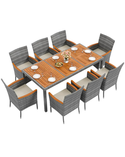 9 Piece Acacia Wood and Wicker Dining Patio Set with Chairs