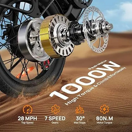 1000W E20 7 Speed Electric Bike with 20" Fat Tires,48V 13Ah Removable Battery, and Dual Disc Brakes