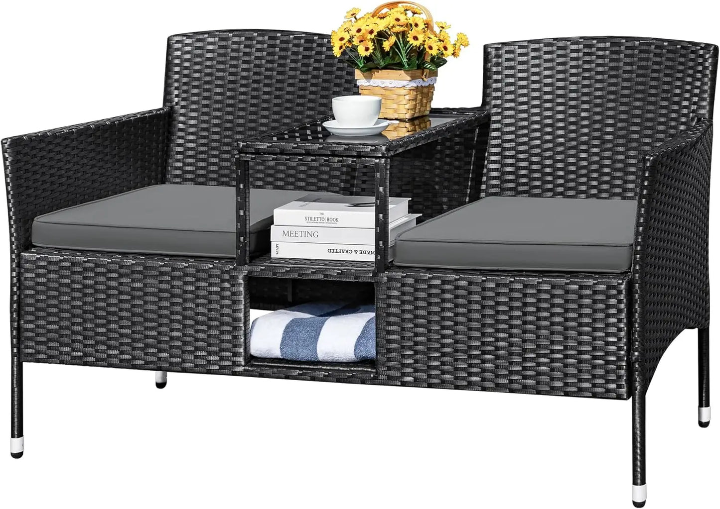 Outdoor Modern Rattan 2-Seat Set with Cushions & Built-in Coffee Table