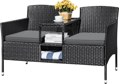 Outdoor Modern Rattan 2-Seat Set with Cushions & Built-in Coffee Table