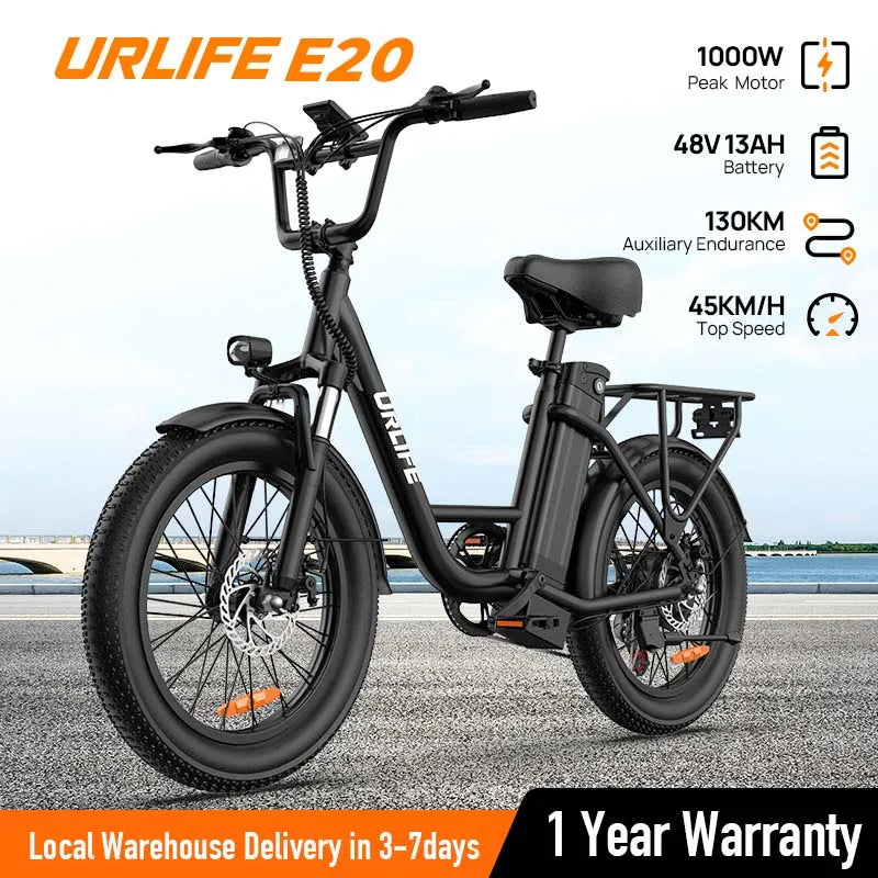 1000W E20 7 Speed Electric Bike with 20" Fat Tires,48V 13Ah Removable Battery, and Dual Disc Brakes