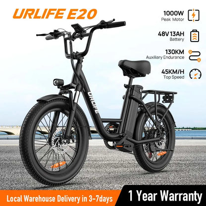 1000W E20 7 Speed Electric Bike with 20" Fat Tires,48V 13Ah Removable Battery, and Dual Disc Brakes
