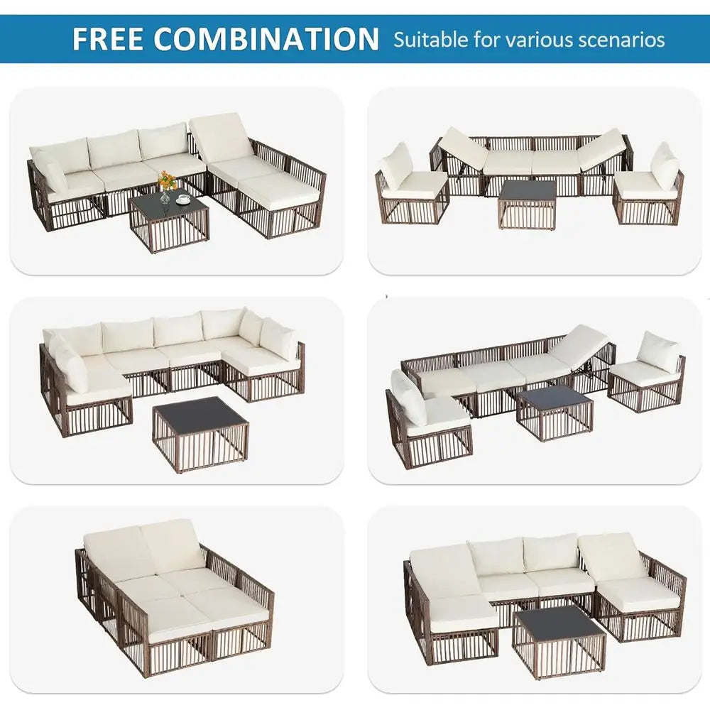7-Piece Brown/Beige Wicker Sectional Patio Set