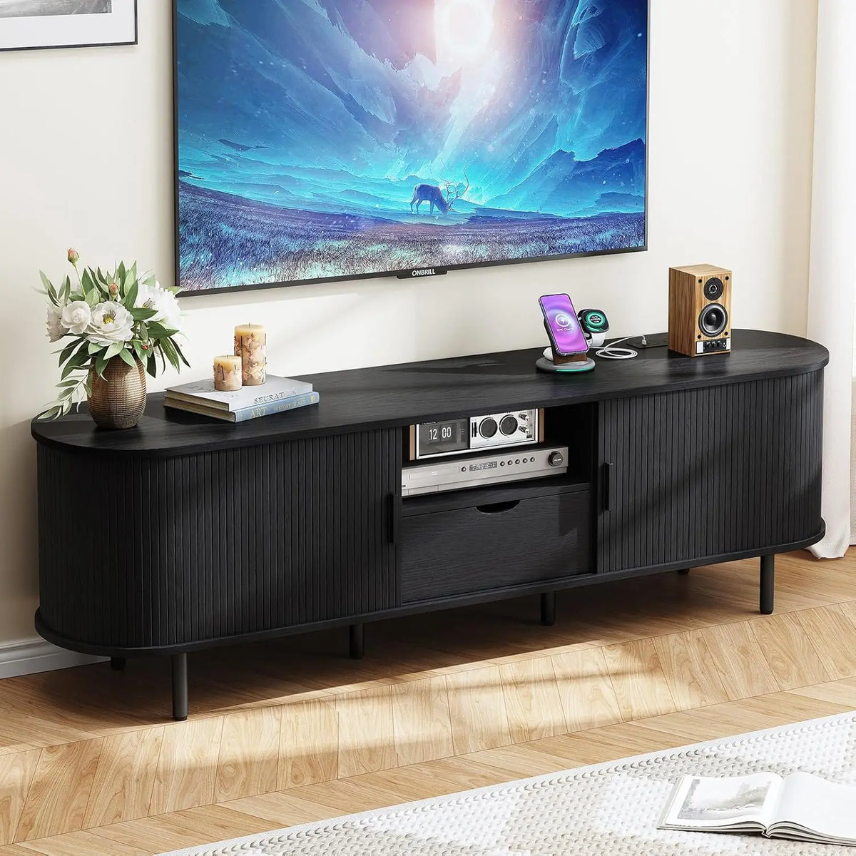 69" TV Stand w/ Power Outlet for TVs up to 80" with Adjustable Shelves
