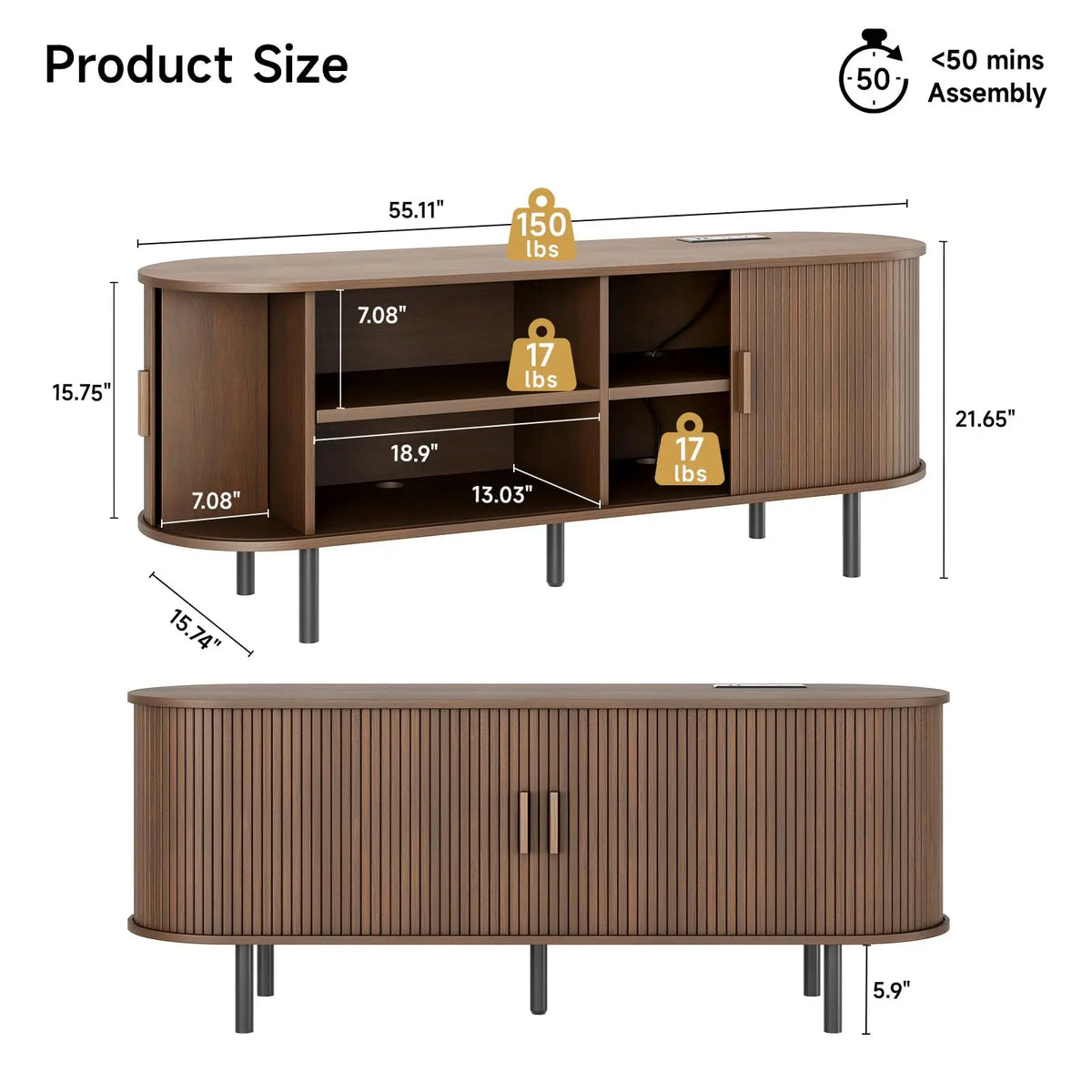 Living Room TV Stand with Power Outlet and Adjustable Shelves