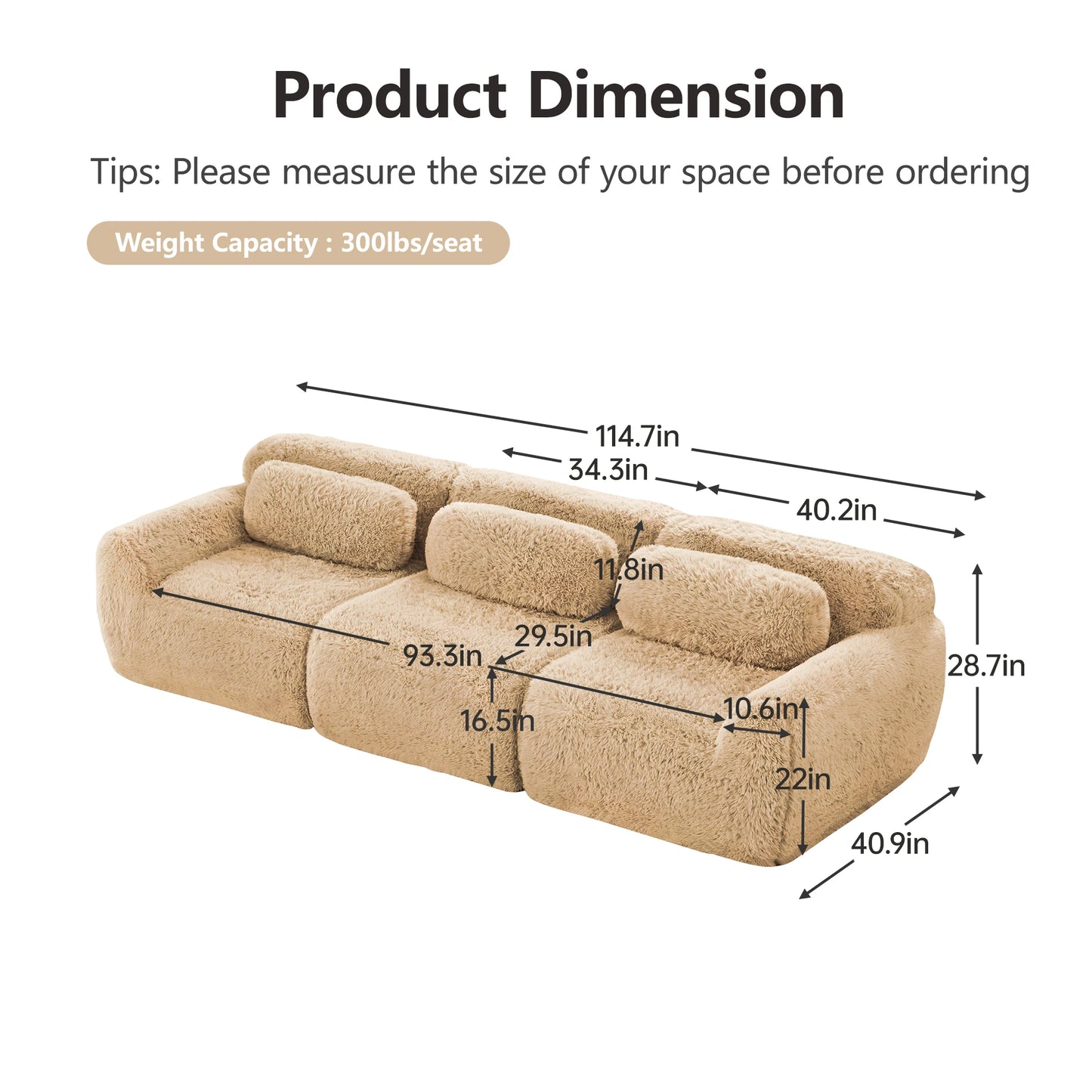 115'' Fluffy Modular Sectional Sofa with Pillows