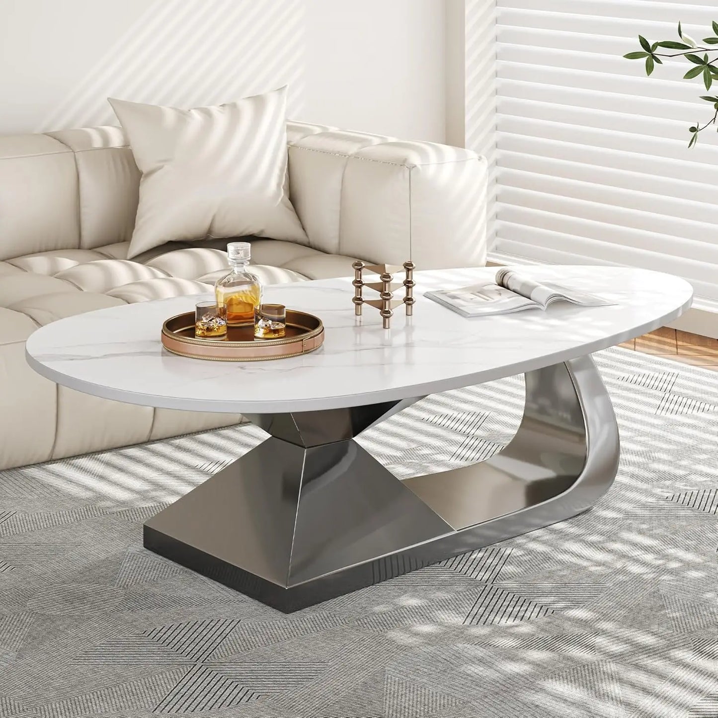 Modern Stainless Steel Pedestal Coffee Table with faux Marble Top
