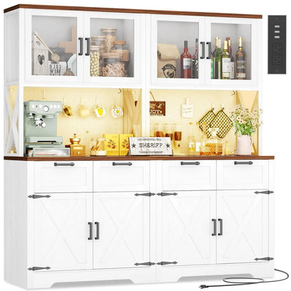 71"Tall Wood Kitchen Pantry Cabinet with LED Light and Power Outlet