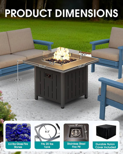 33" BTU 50,000 Outdoor Propane Fire Pit Table with Lid and Glass Wind Guard