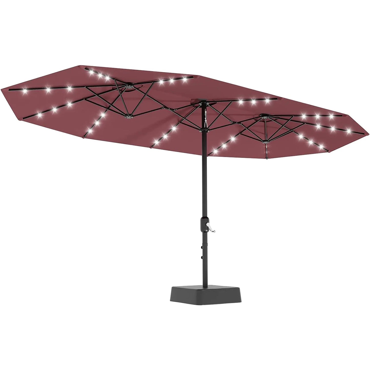 15Ft Outdoor Patio Umbrella with Solar LED Lights, Crank Handle, and Base