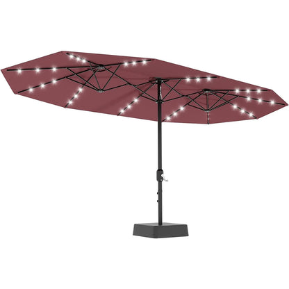 15Ft Outdoor Patio Umbrella with Solar LED Lights, Crank Handle, and Base