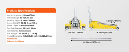 3T/2T Hydraulic Floor Jack Alum with Dual Piston Quick Lift Pump