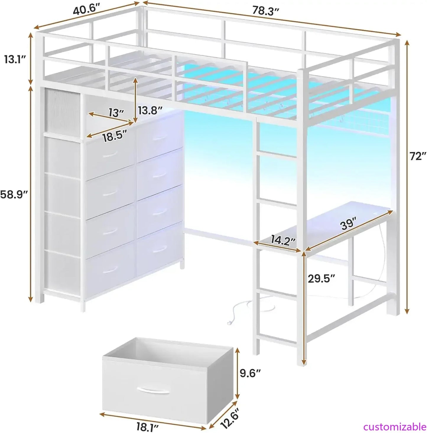 Metal Twin Loft Bed with Desk & 8 Storage Drawers in an attached Tall Dresser