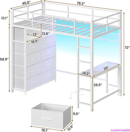 Metal Twin Loft Bed with Desk & 8 Storage Drawers in an attached Tall Dresser