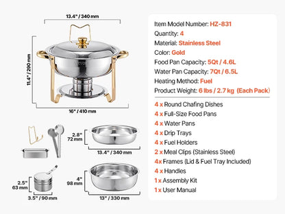 Stainless Steel Chafing Dish Set with 4 Full Size Round Pans Capacity of 5 Qt