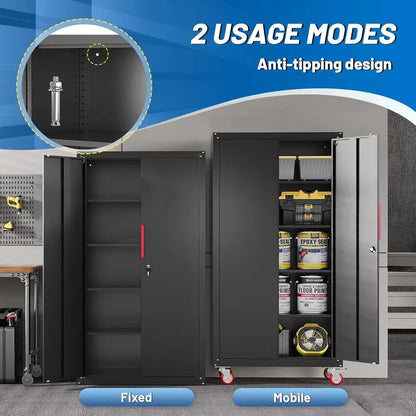 71 inch Tall Metal Storage Cabinet with Wheels and 4 Adjustable Shelves