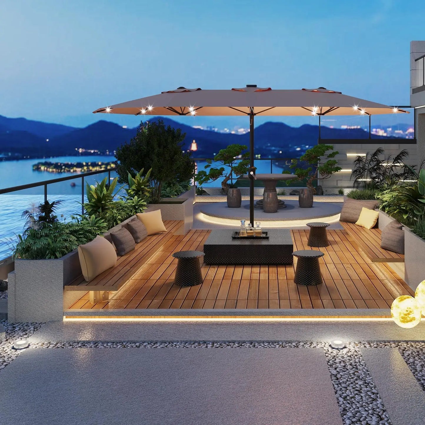15Ft Outdoor Patio Umbrella with Solar LED Lights, Crank Handle, and Base