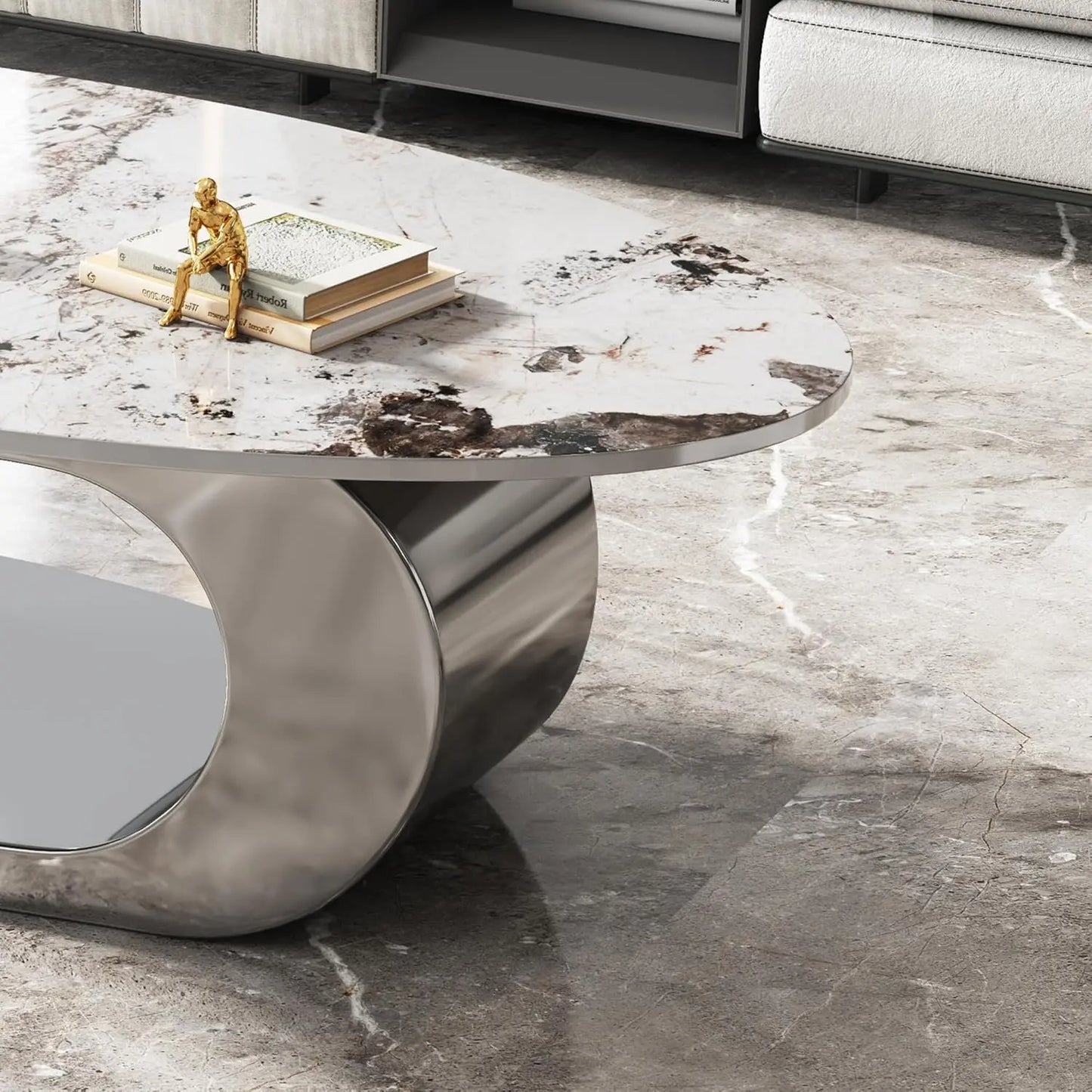 Modern Stainless Steel Pedestal Coffee Table with faux Marble Top