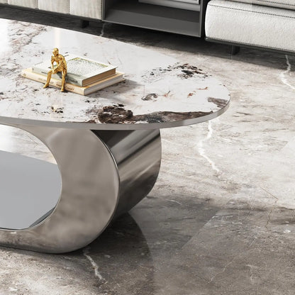 Modern Stainless Steel Pedestal Coffee Table with faux Marble Top