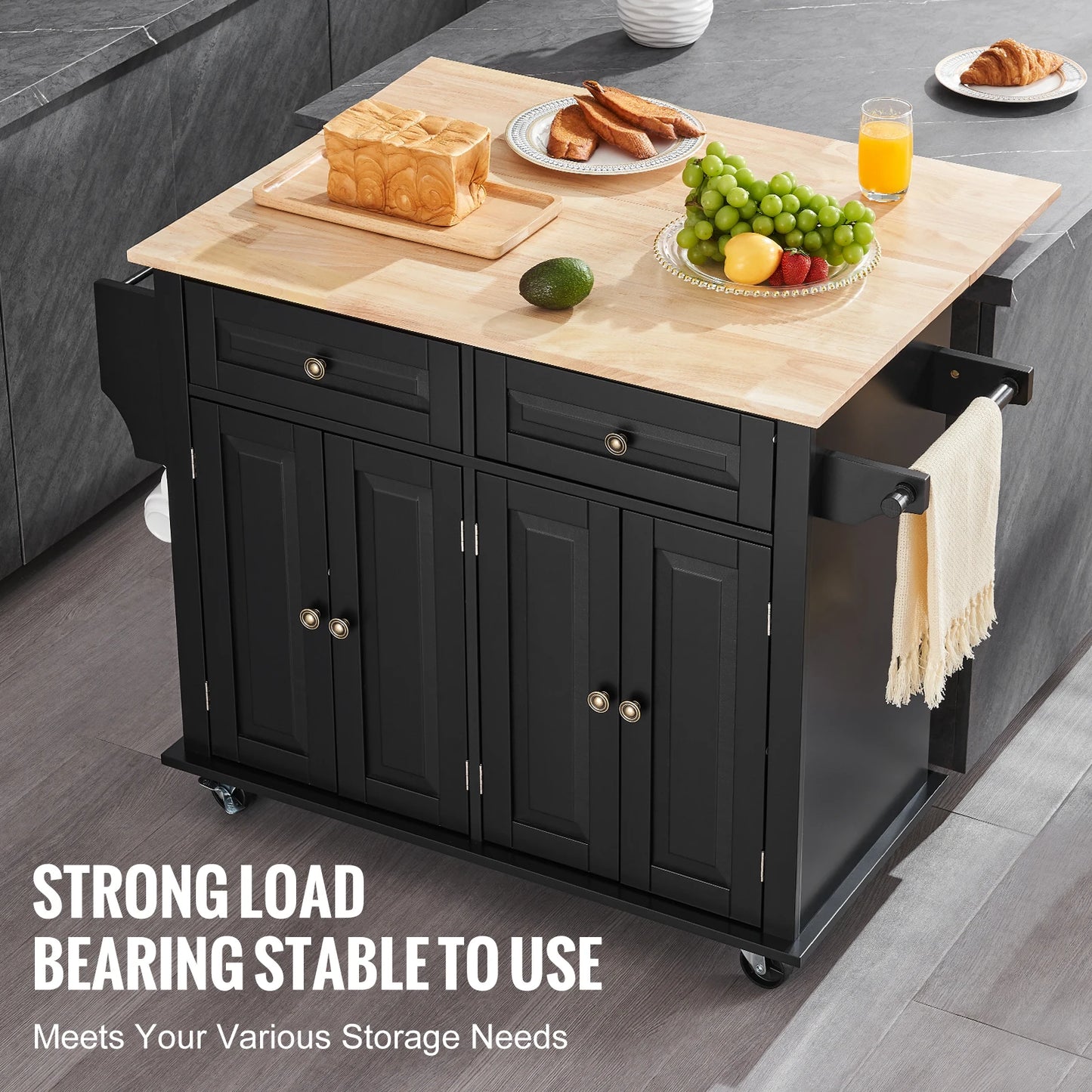 Black Rolling Kitchen Island Cart with Drop Leaf