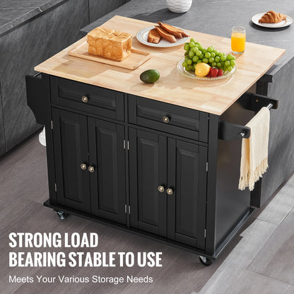 Black Rolling Kitchen Island Cart with Drop Leaf