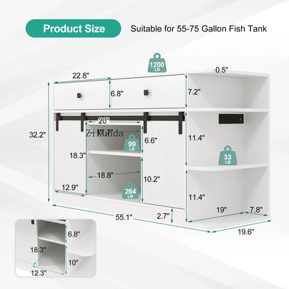 55-75 Gallon Fish Tank Stand with large Cabinet, Shelving, LED Lights, and Power Outlets