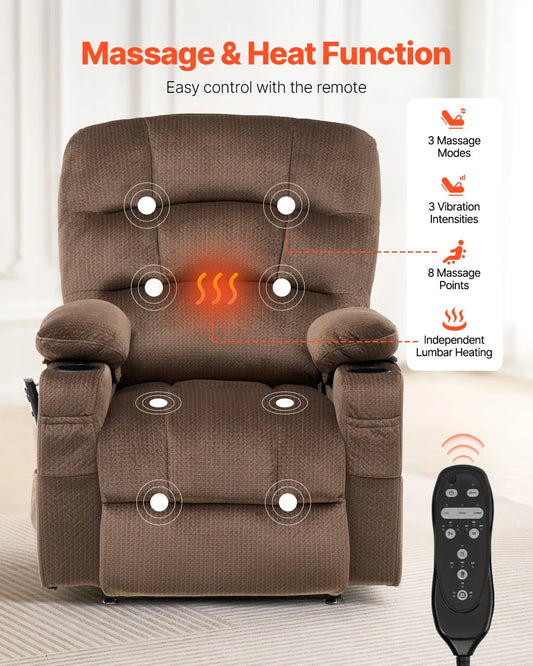Power Lift Recliner Chair With Heat And Massage, 2 Cup Holders, USB Ports