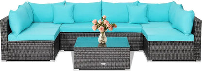 All-Weather Outdoor 7 Piece Rattan Sectional Sofa Set with Cushions and Tempered Glass Coffee Table