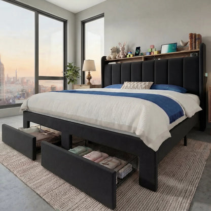 Velvet Full/Queen/King Bed Frame with 2 Storage Drawers,2-Tier Shelves with adjustable LED Light, and Charging Station